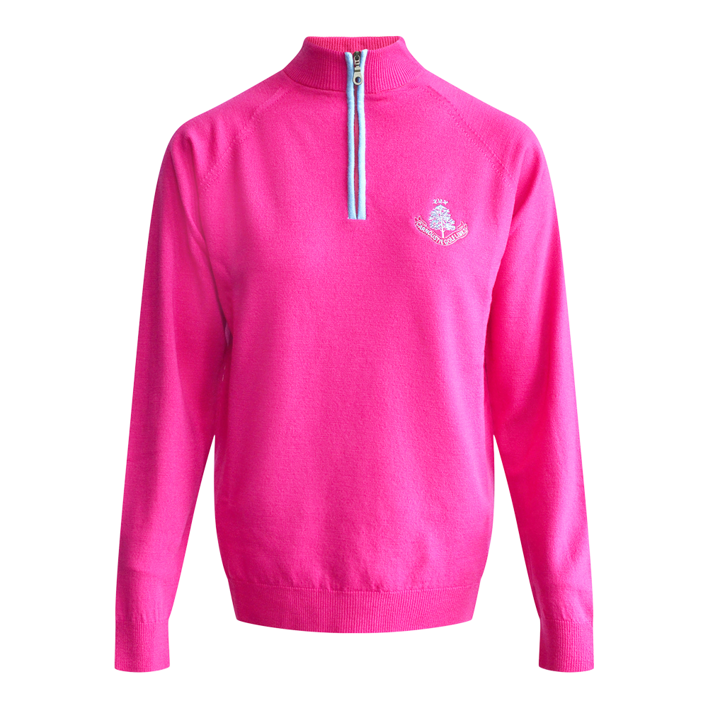Merino Contrast Zip Neck Sweater - Fushia/Carribean