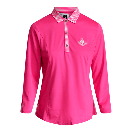 Houndstooth Trim 3/4 Slve Polo - Hot Pink