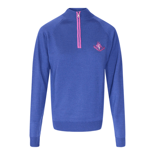 Merino Contrast Zip Neck Sweater - Azure/Berry Trim