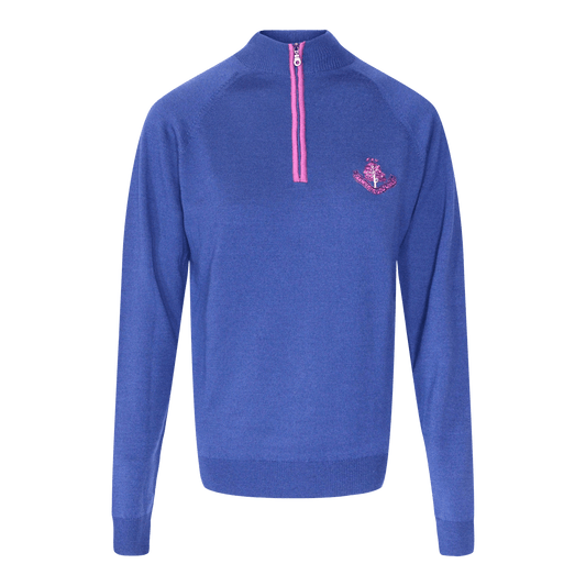Merino Contrast Zip Neck Sweater - Carribean/Thistle