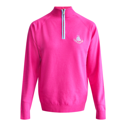 Merino Contrast Zip Neck Sweater - Fushia/Carribean